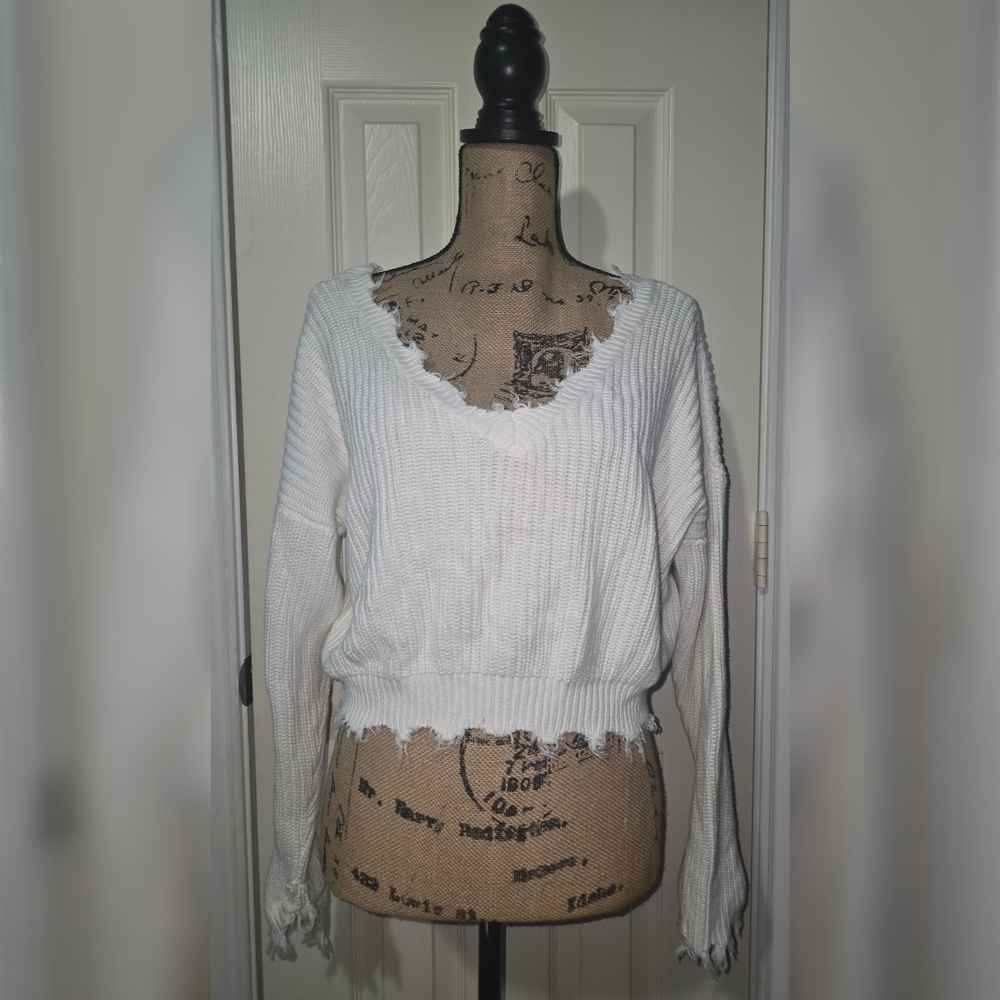 Forever 21 White Distressed Knit Sweater